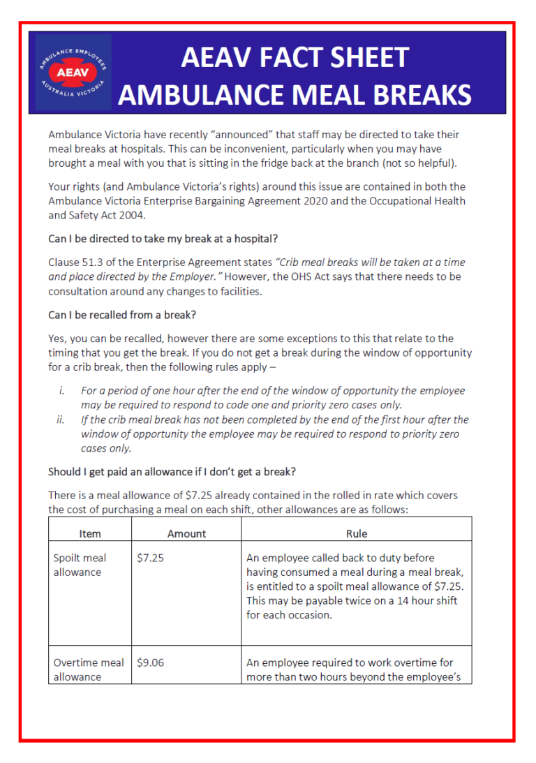 Meal Breaks and Breaks at Hospital Factsheet Ambulance Employees